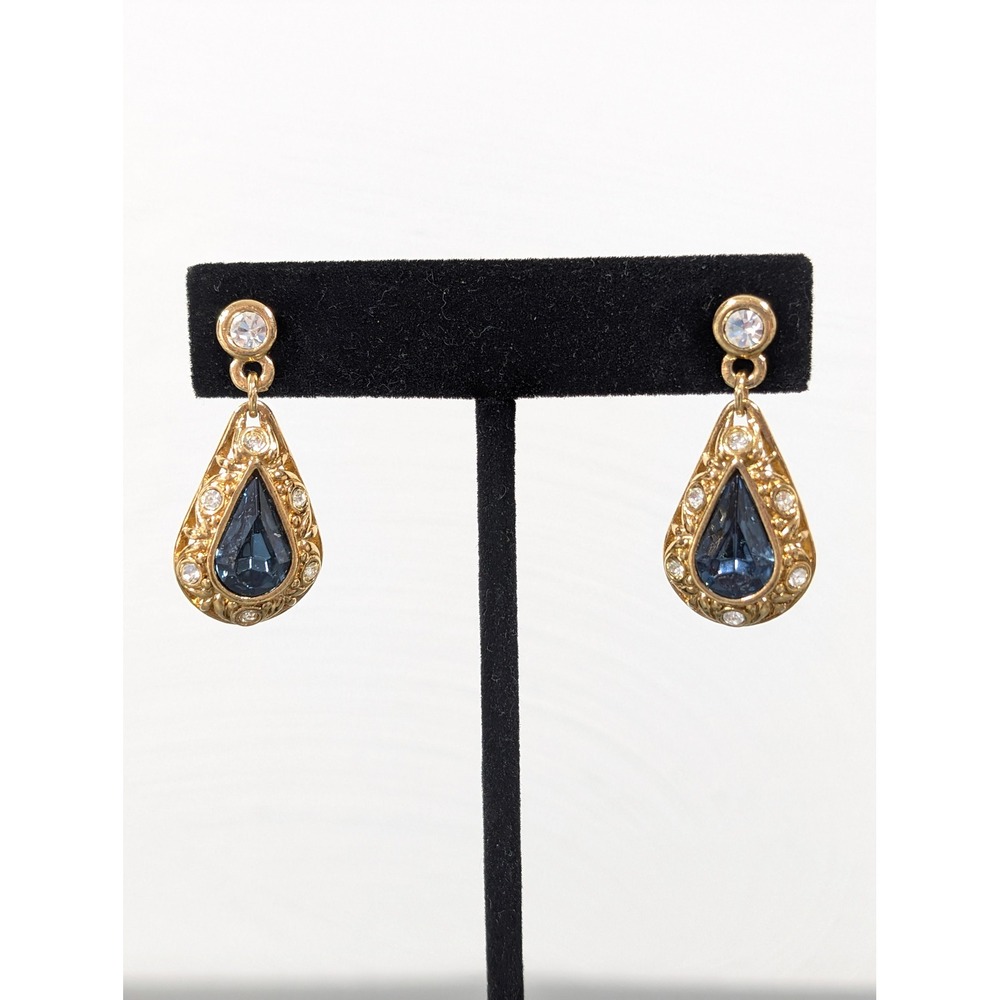 Avon Victorian Revival Teardrop Drop Earrings Blue Rhinestone Gold Tone